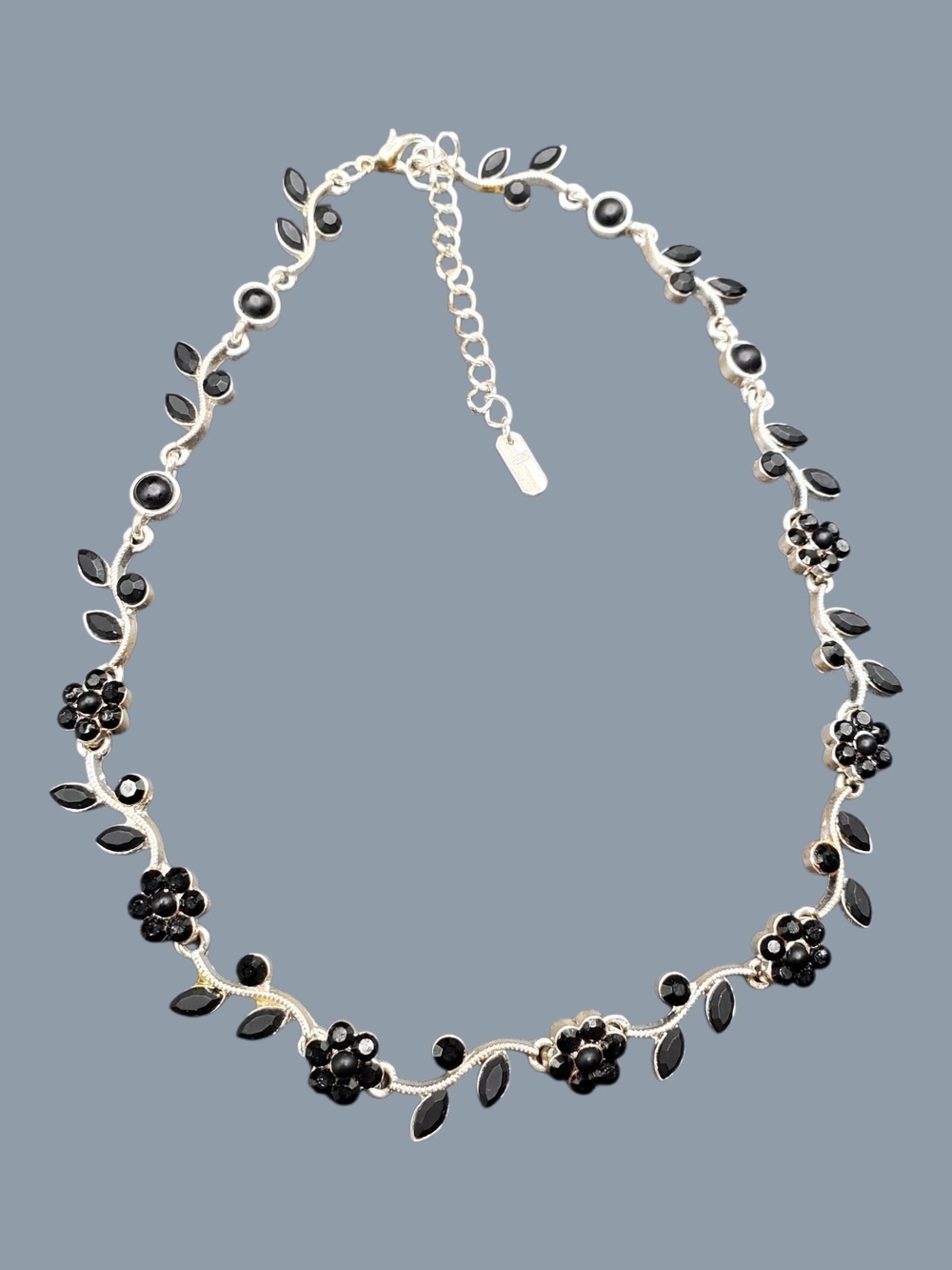 Christina Collection Vintage Black Rhinestone Flower Vine Choker Necklace Silver